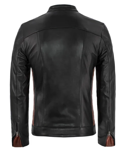 Back view of a men's black leather jacket featuring red cuff inserts.