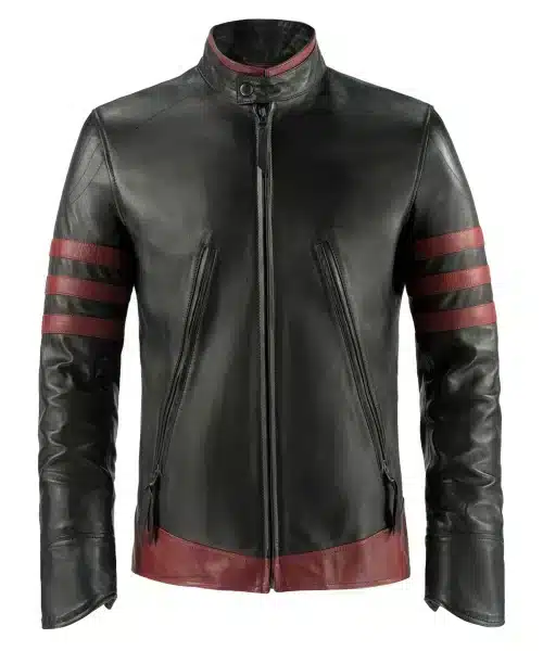 Wolverine Origins black leather jacket with red stripe detail.