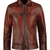 Antique red Italian men's leather jacket featuring vintage style seams and collar.