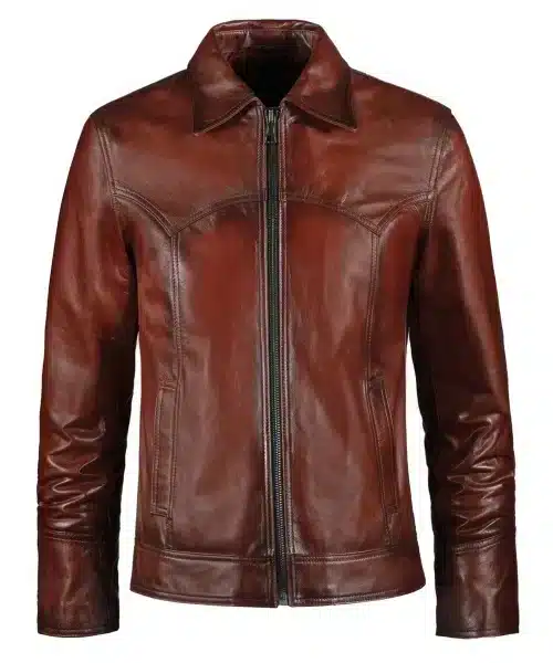 Antique red Italian men's leather jacket featuring vintage style seams and collar.