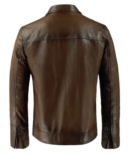 Mannequin photo of Phonics men's antique brown leather jacket with a vintage style collar.