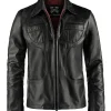 Vintage leather jacket fir men in black leather with red leather insert.