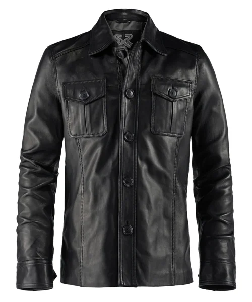 Men's Italian black leather jacket featuring front buttons and vintage style collar.