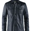 Men's blue leather jacket features chest patch pockets and vintage collar.