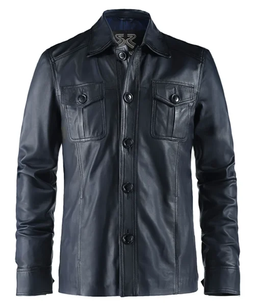 Men's blue leather jacket features chest patch pockets and vintage collar.