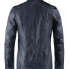 Back mannequin view of Italian men's blue leather waist length jacket.