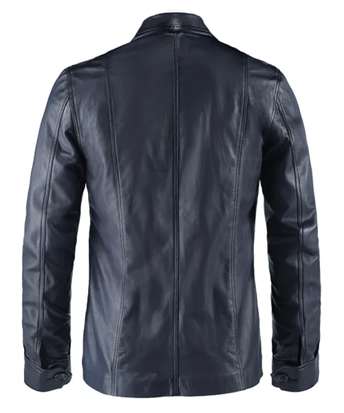 Back mannequin view of Italian men's blue leather waist length jacket.