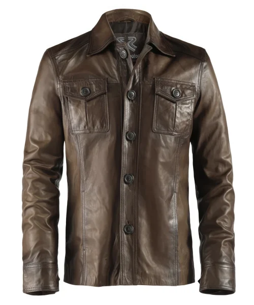 Front view of our antique brown vintage style Italian leather jacket for men.