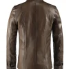Back mannequin view of men's antique brown leather jacket. Hip length style made in Italy.