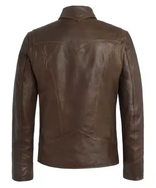 Wolverine X-Men brown leather jacket with vintage curved seam detail.