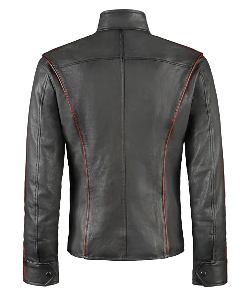 Commander Shepard's Mass Effect 3 jacket. Grey leather jacket made in Italy with red piping and stripes.