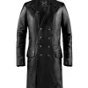 Men's black leather coat made in Italy with antiqued buttons.