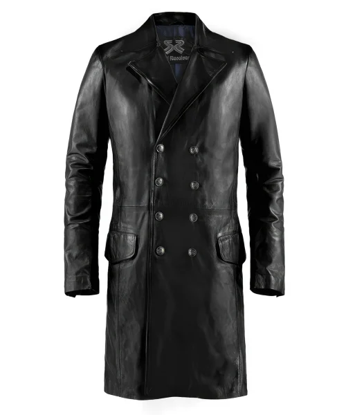 Men's black leather coat made in Italy with antiqued buttons.