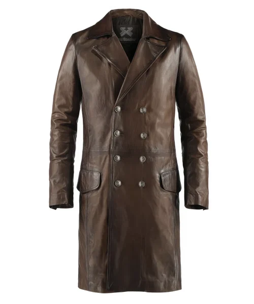 Men's brown leather coat with antiqued finish. SIlver buttons. Knee length style.